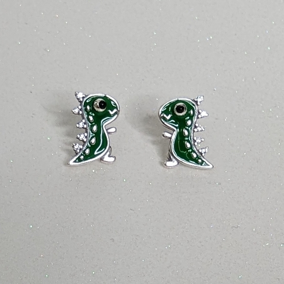 Tyrannosaurus T-Rex Green Stud Earrings 925 Sterling Silver - Picture 1 of 6